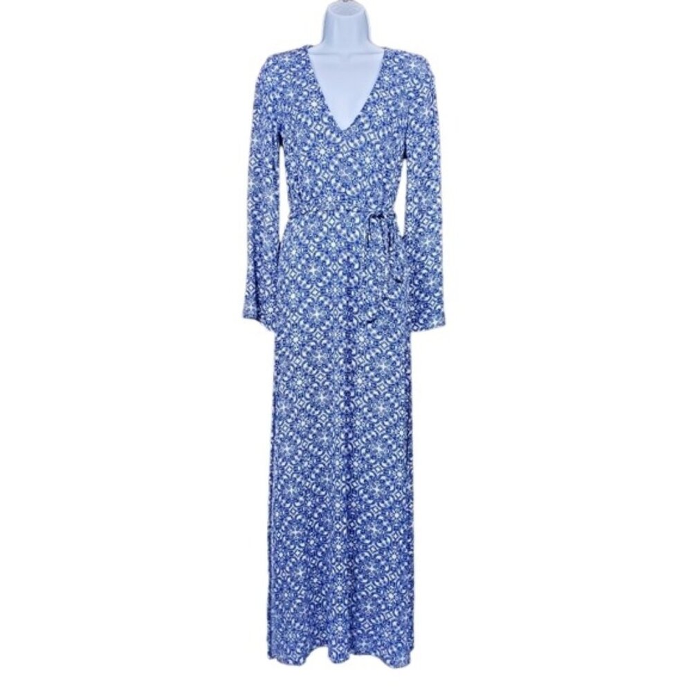Lulu's Womens Blue White Mandala Daydream Side Slit Maxi Dress Size XXS NWT